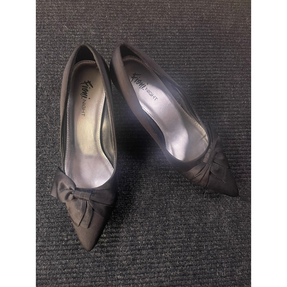 Fioni Night Womens Black Satin Bow Pointed Toe Kitten Heel Pumps Evening Shoes